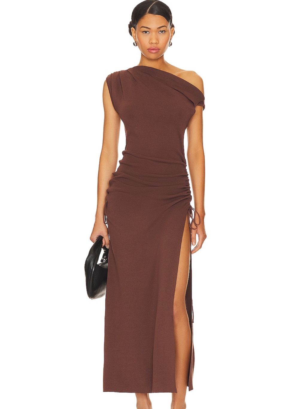 Lioness One-Shoulder Ruched Side-Slit Maxi Dress In Brown